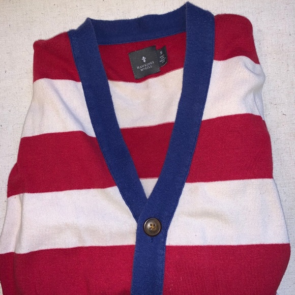 Red, white, blue button up v-neck cardigan. - Picture 1 of 3